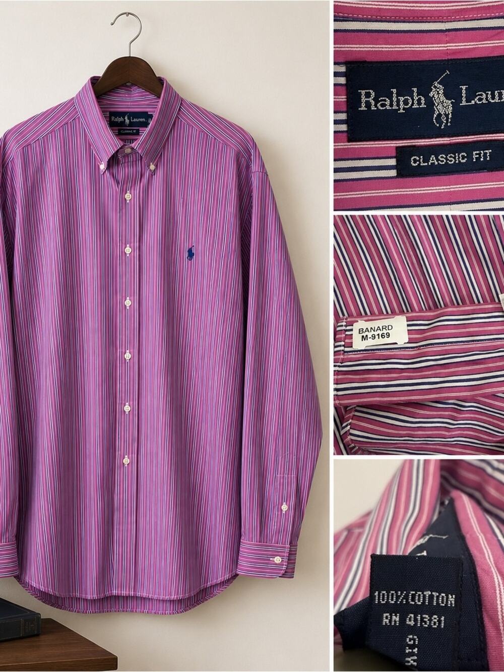 Ralph Lauren Blue Label Men’s 16.5 L Pink Striped Classic Fit Button-Down Shirt